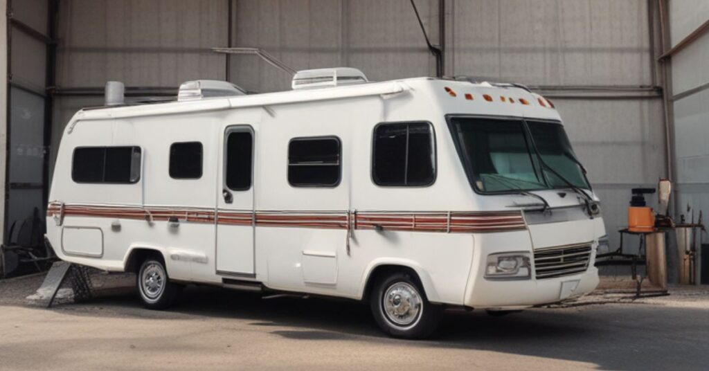 An RV in a shop for maintenance